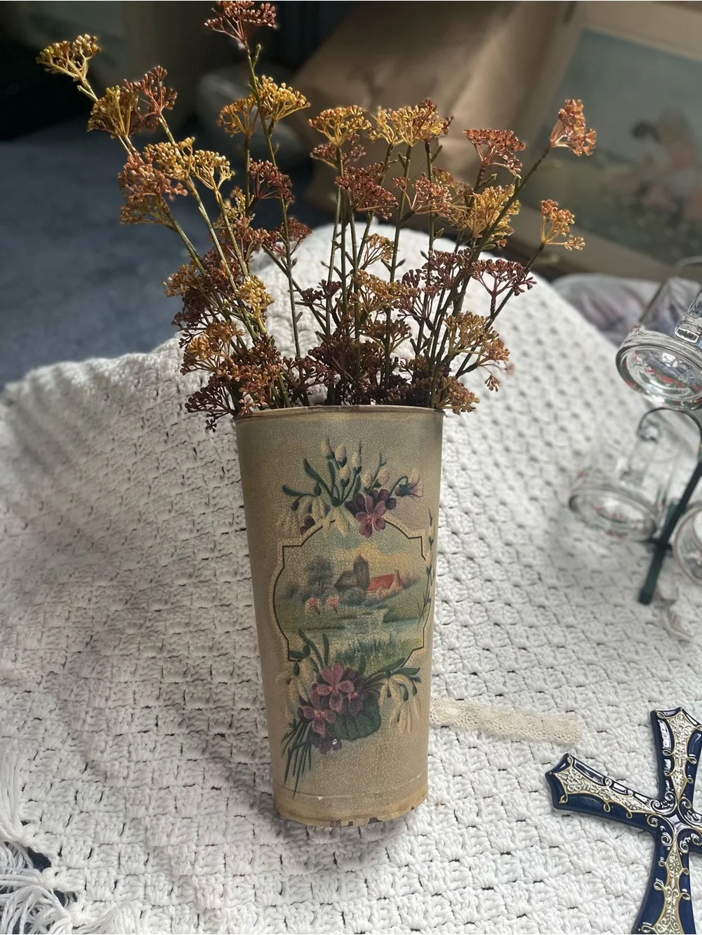 Decorative Vintage Chippy Floral Can Vase - Home Accents